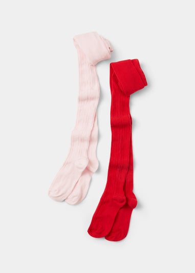 Girls 2 Pack Red & Pink Cable Knit Tights (2-9yrs)