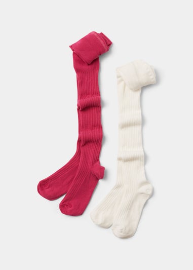 Girls 2 Pack Pink & Cream Ribbed Tights (2-9yrs)