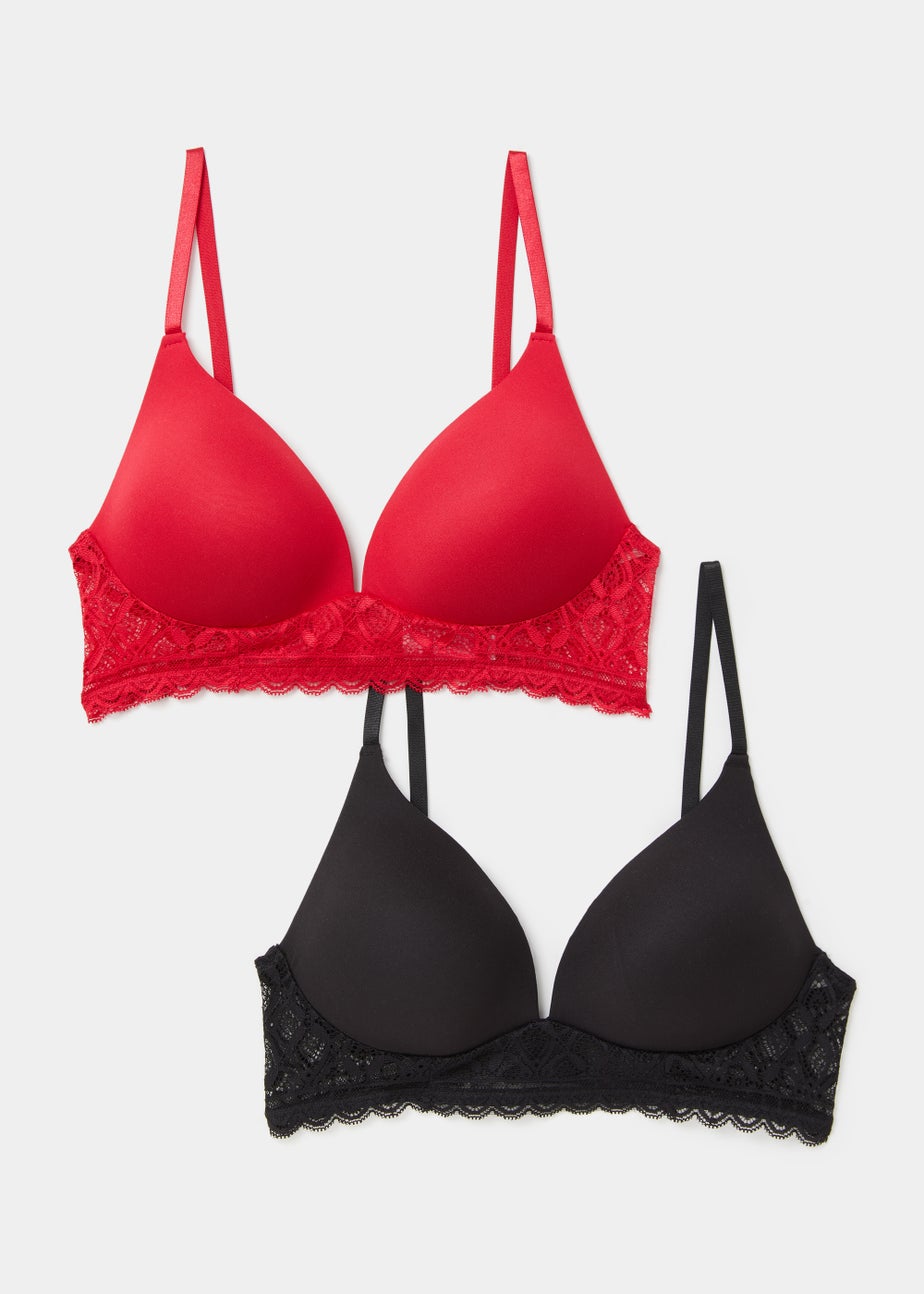 2 Pack Red & Black Non Wired Lace Plunge Bras