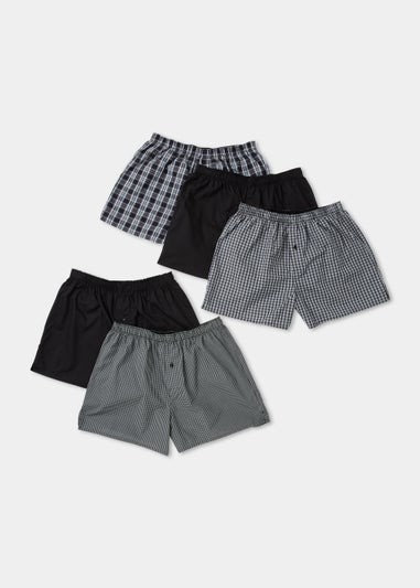5 Pack Monochrome Plain & Check Print Woven Boxers