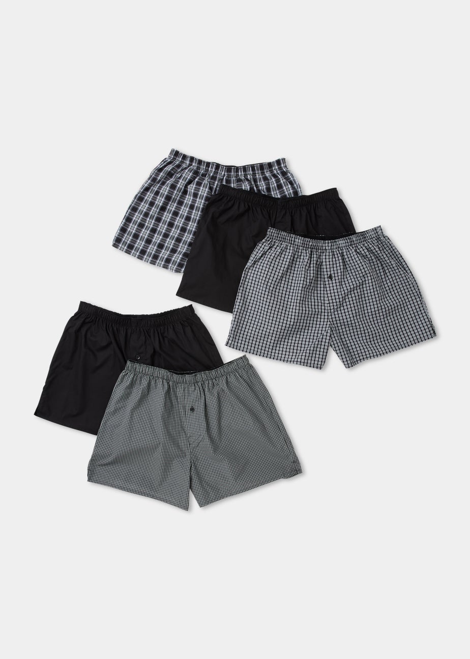 5 Pack Monochrome Plain & Check Print Woven Boxers