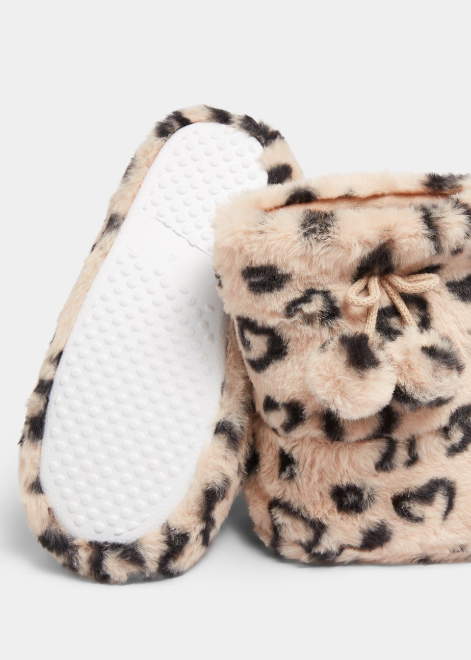 Girls Tan Leopard Print Boot Slippers (Younger 10-Older 5)