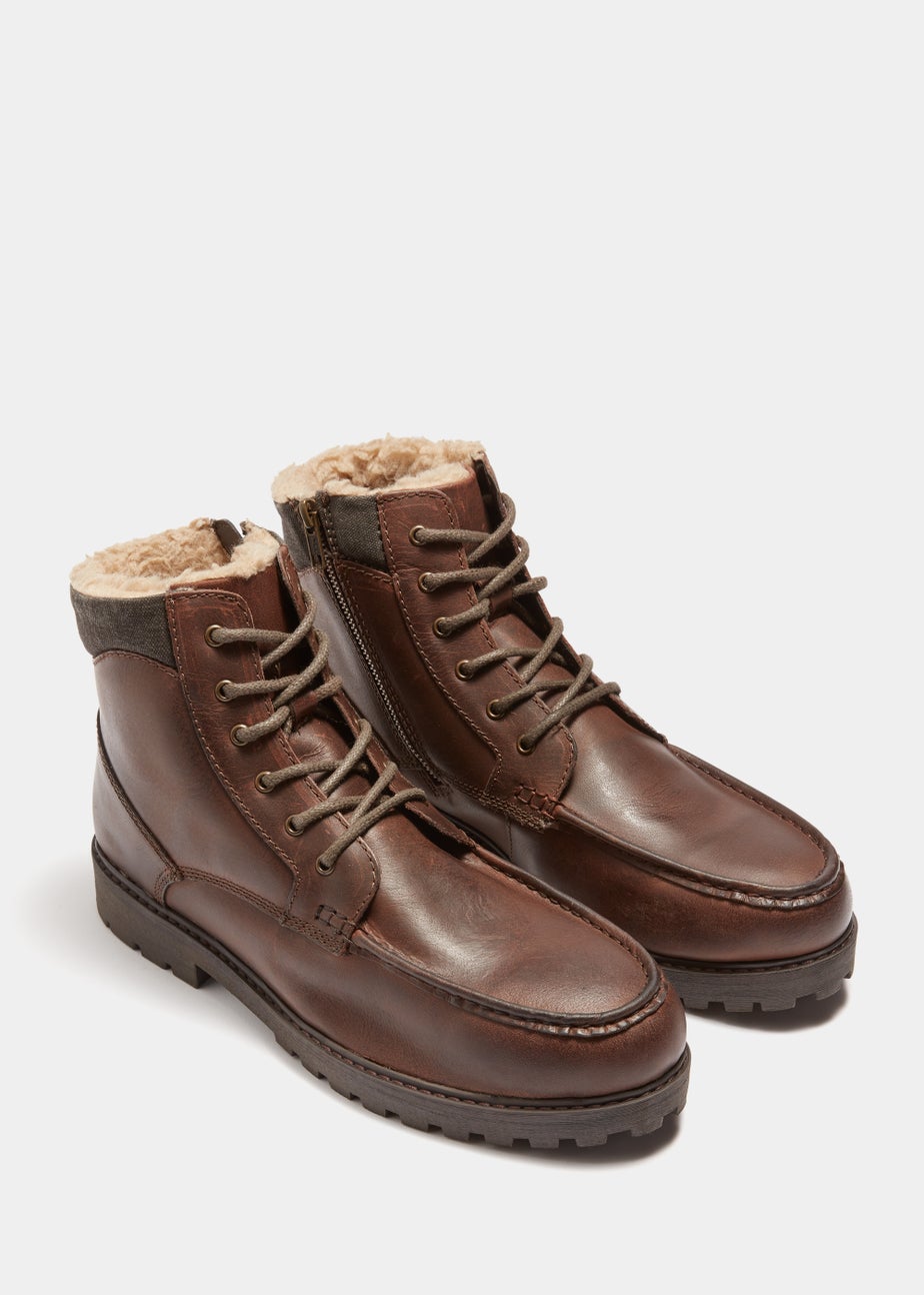 Brown Real Leather Faux Fur Lined Boots