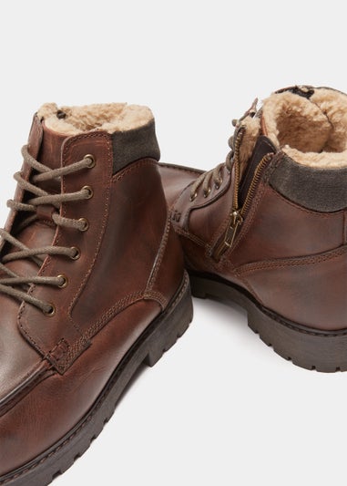 Brown Real Leather Faux Fur Lined Boots