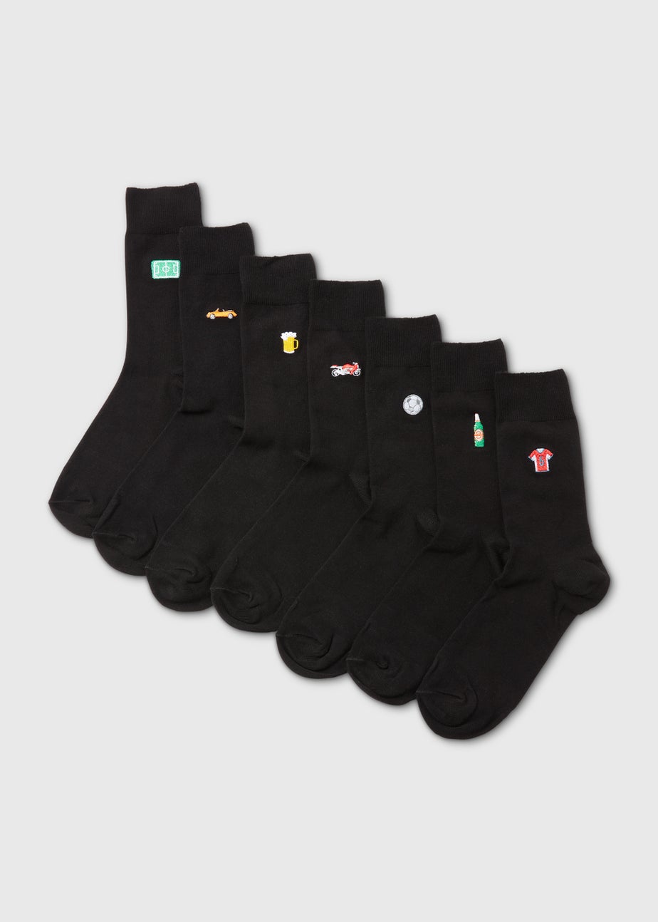 7 Pack Black Sports & Car Embroidery Socks