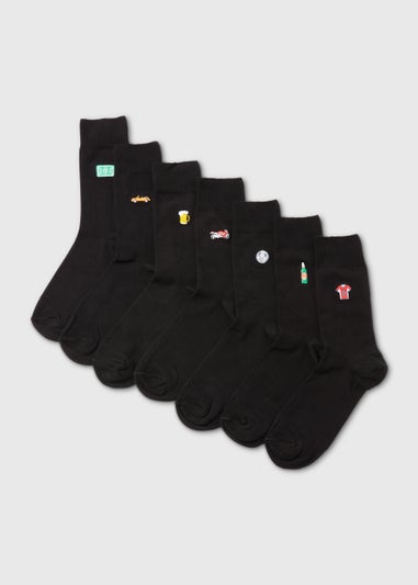 7 Pack Black Sports & Car Embroidery Socks