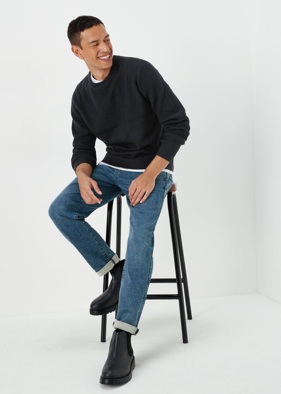 Navy Ribbed Texture Crew Neck Jumper