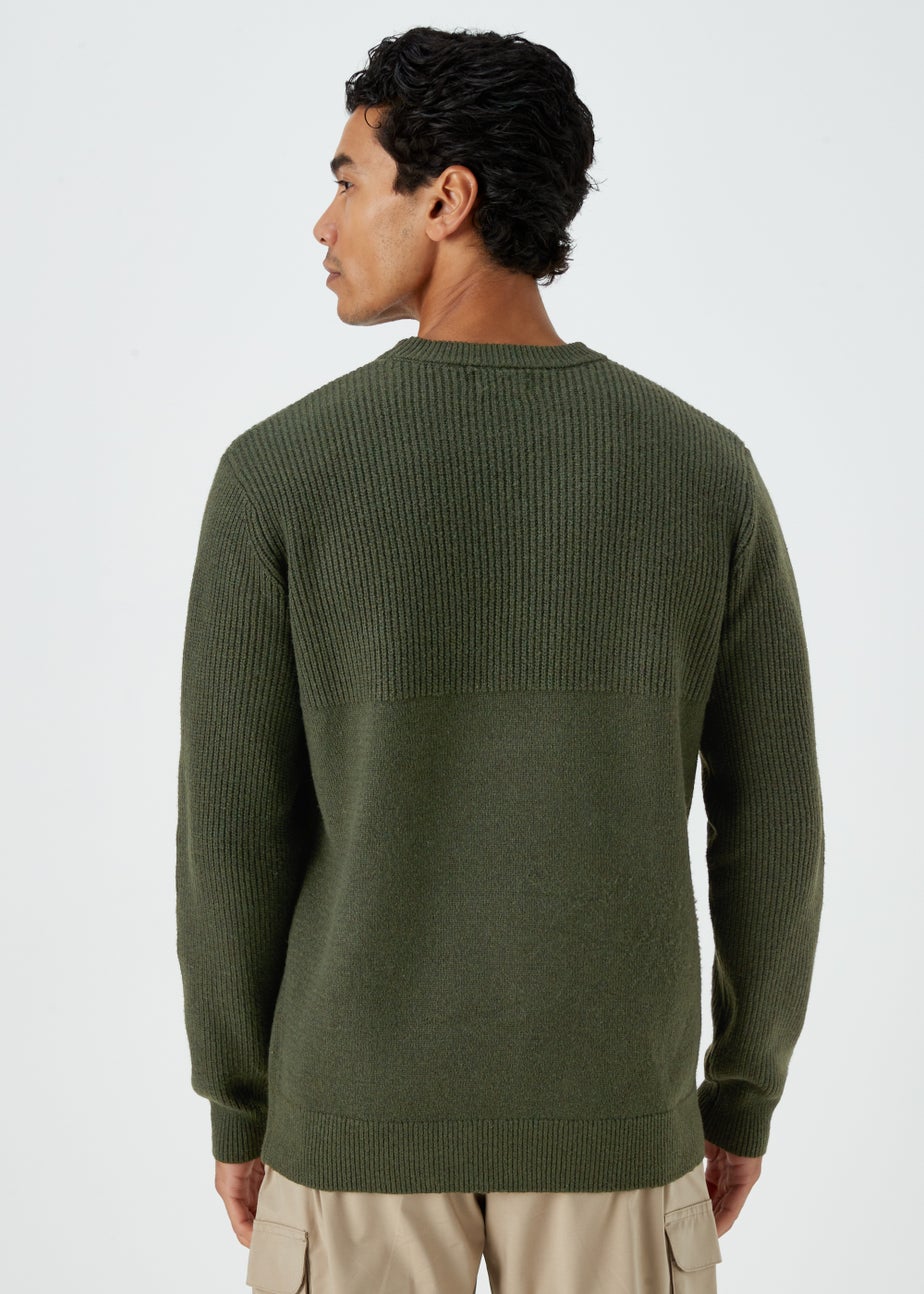 Khaki Ribbed Textured Crew Neck Jumper
