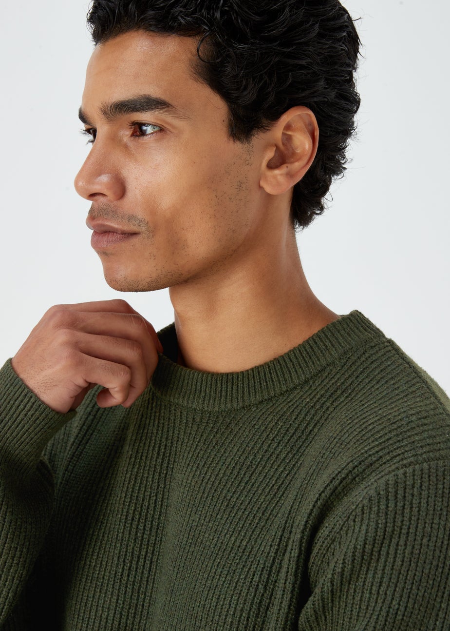 Khaki Ribbed Textured Crew Neck Jumper