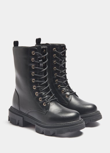 Girls Black Mid Calf Lace Up Boots (Younger 12-Older 5)