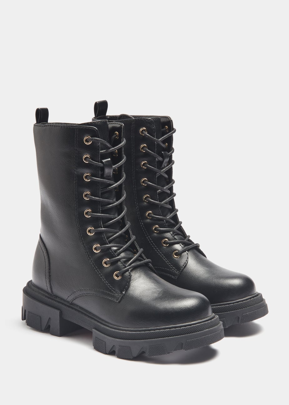 Girls Black Mid Calf Lace Up Boots (Younger 12-Older 5)