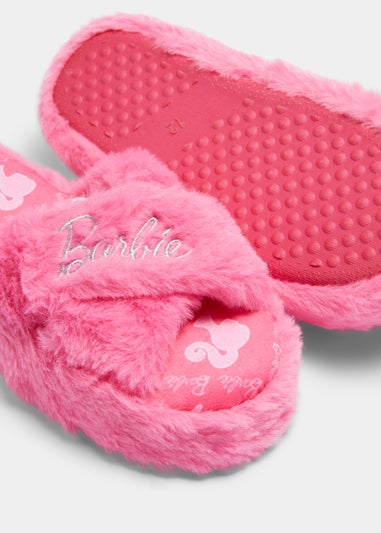 Kids Pink Barbie Print Cross Strap Slippers (Younger 10-Older 5)
