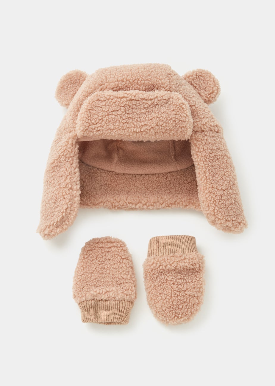 Baby Beige Borg Trapper Hat & Gloves Set (Newborn-24mths)