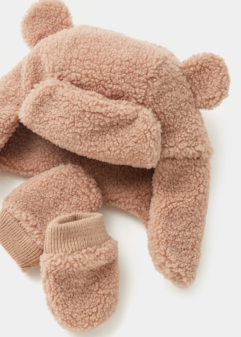 Baby Beige Borg Trapper Hat & Gloves Set (Newborn-24mths)