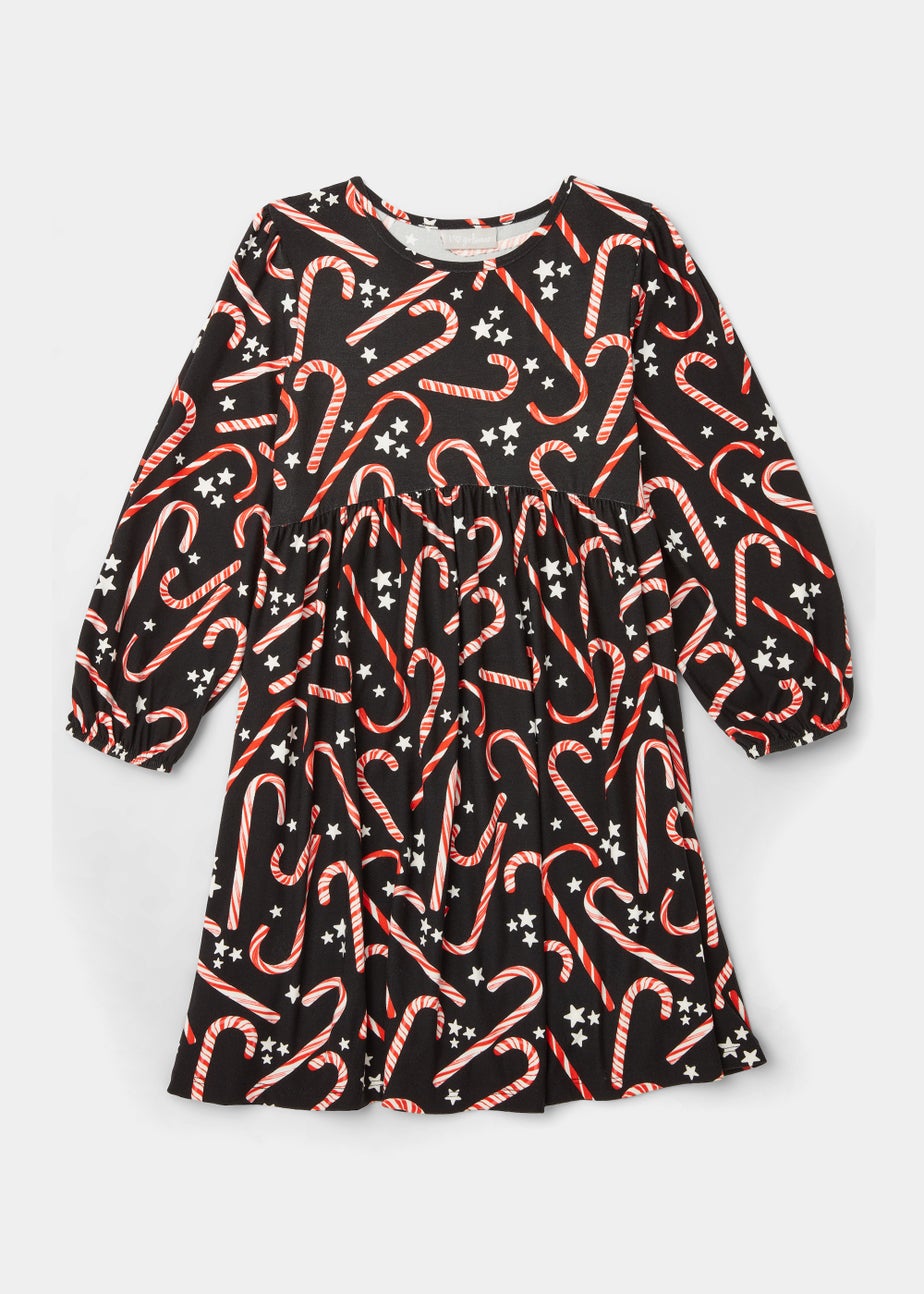 Girls Black Candy Cane Print Dress (4-12yrs)
