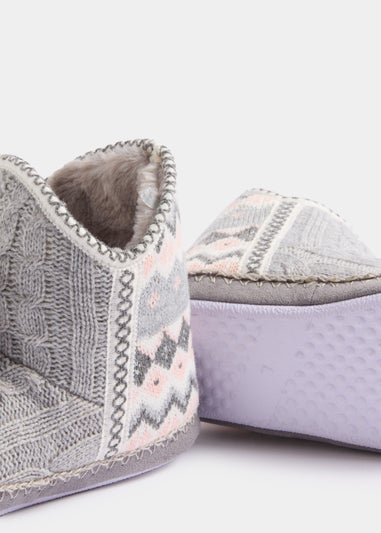 Grey Fair Isle Cable Knit Slipper Boots