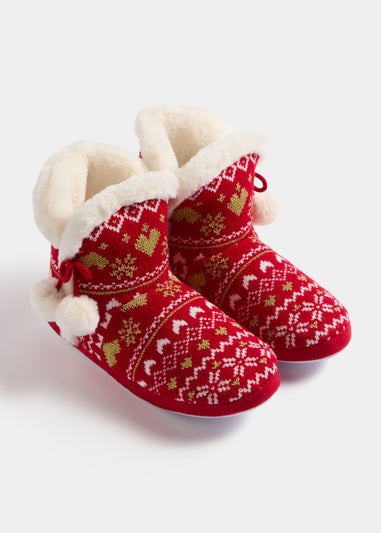 Red Metallic Fair Isle Slipper Boots