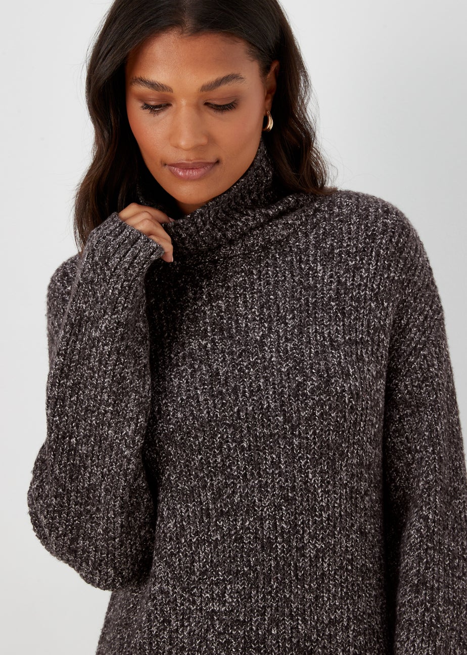 Charcoal Twist Yarn Roll Neck Dress