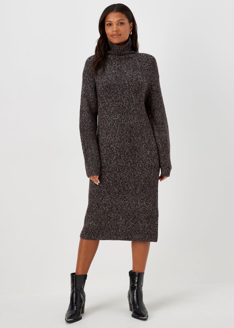 Charcoal Twist Yarn Roll Neck Dress