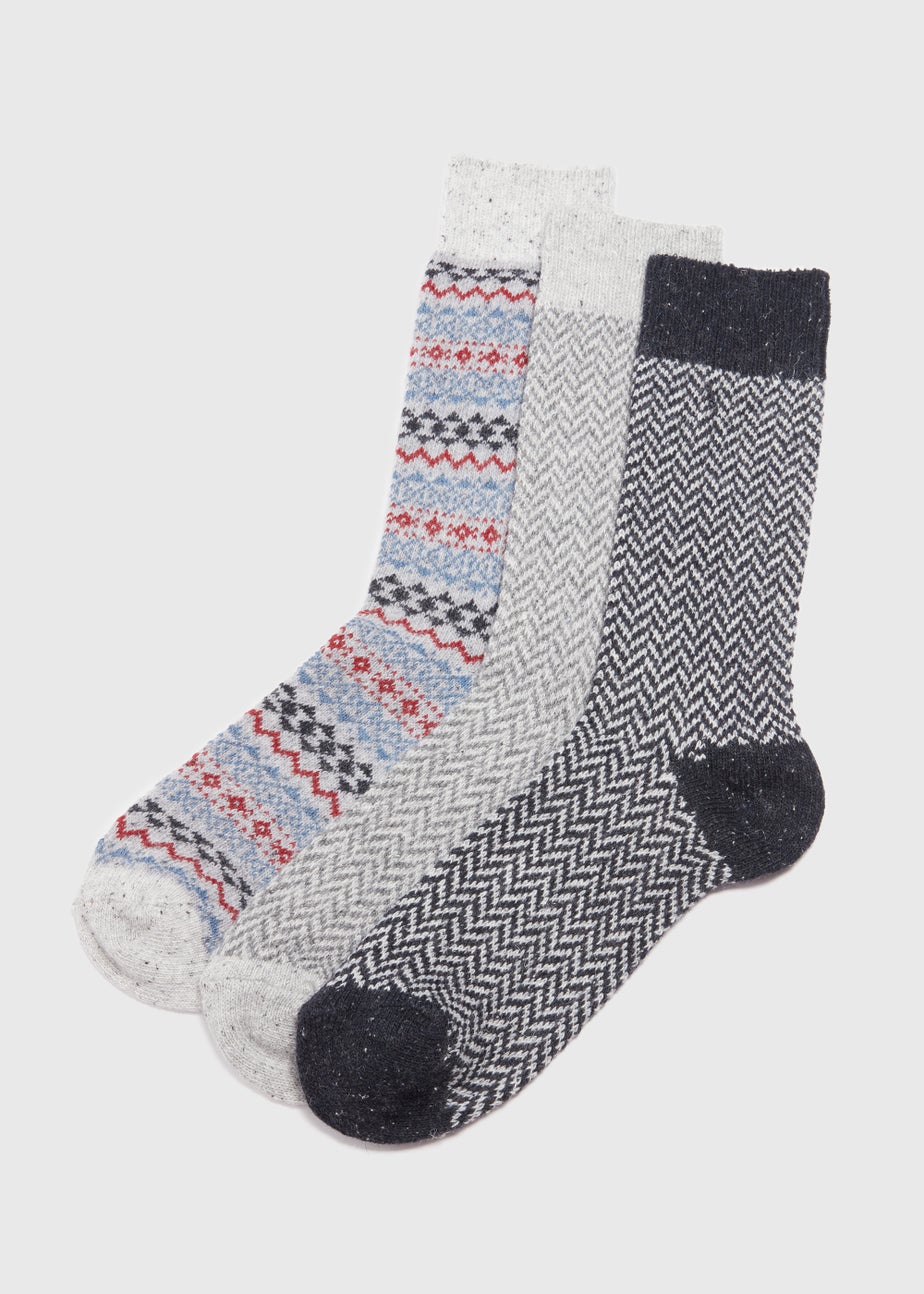 3 Pack Grey Fairisle Boot Socks