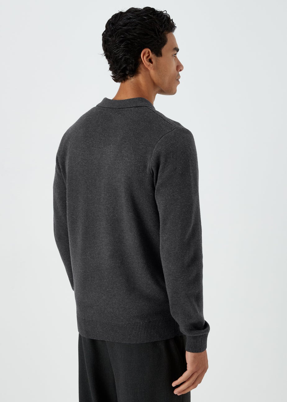 Grey Zip Up Shirt Collar Cardigan