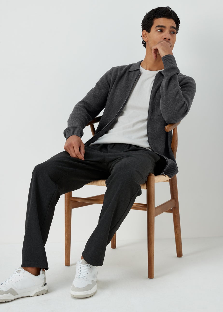 Grey Zip Up Shirt Collar Cardigan