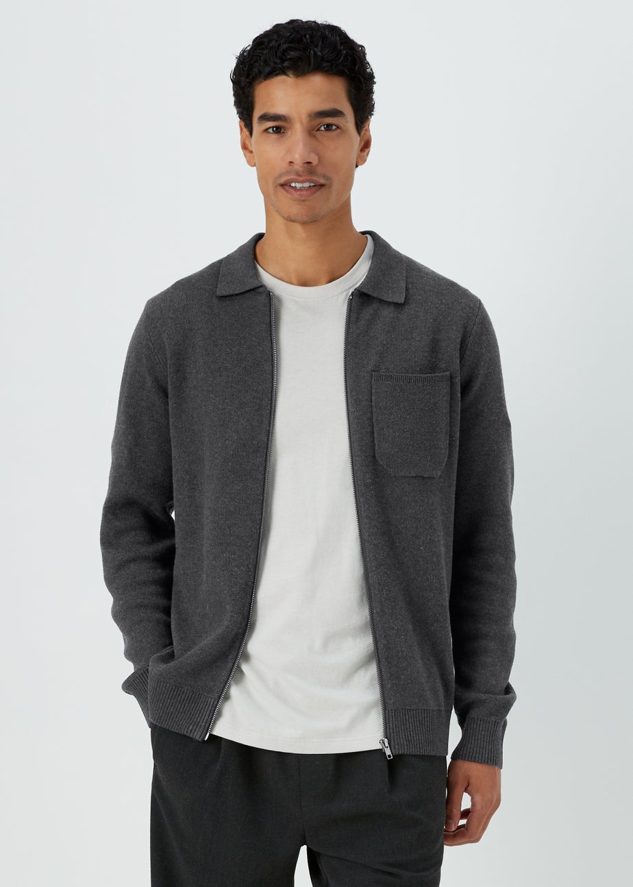 Grey Zip Up Shirt Collar Cardigan
