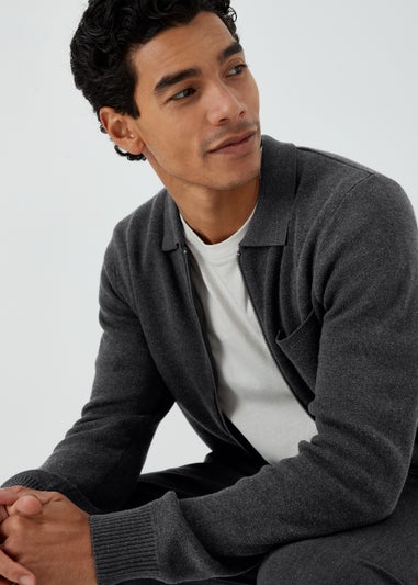 Grey Zip Up Shirt Collar Cardigan