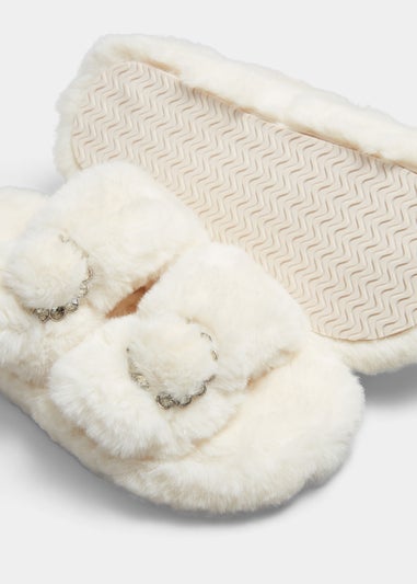 Girls Cream Double Strap Jewel Slippers (Younger 10-Older 5)