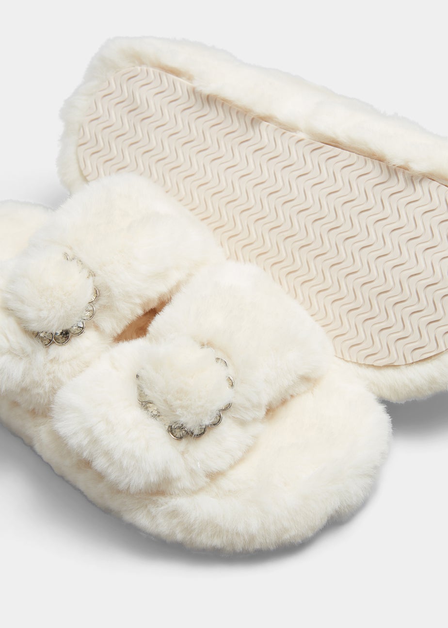 Girls Cream Double Strap Jewel Slippers (Younger 10-Older 5)