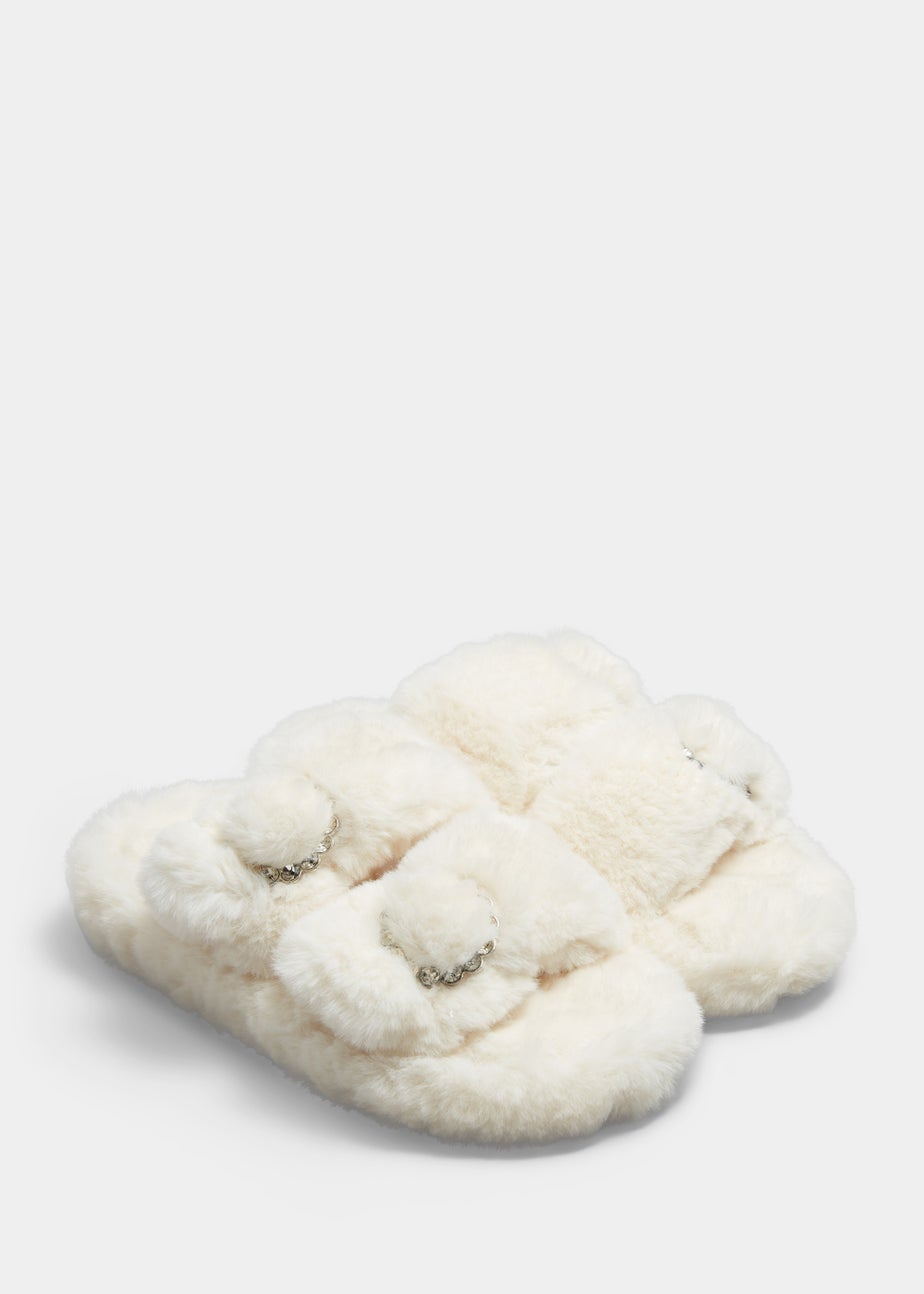 Girls Cream Double Strap Jewel Slippers (Younger 10-Older 5)