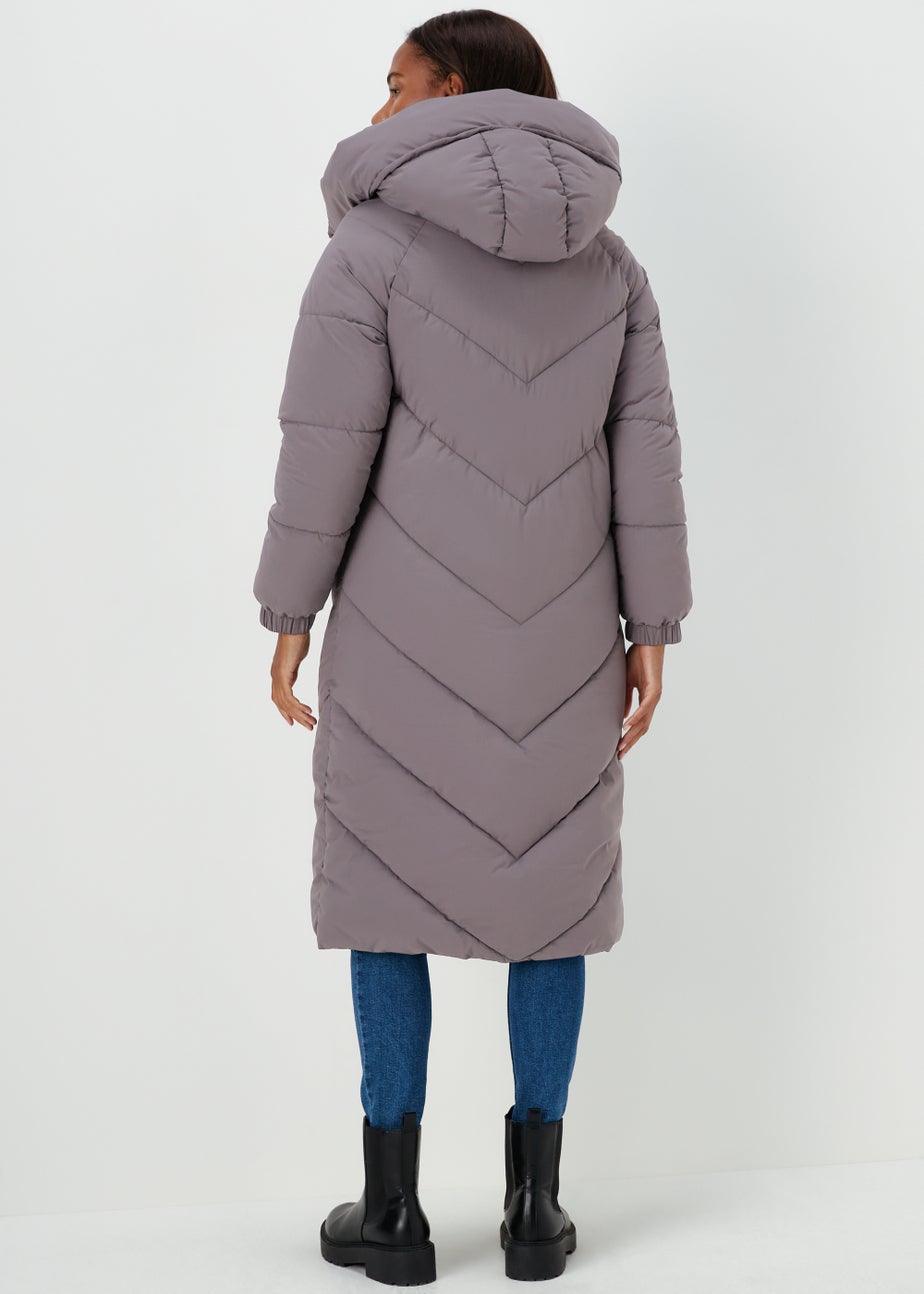 Grey Longline Chevron Padded Shower-Resistant Coat