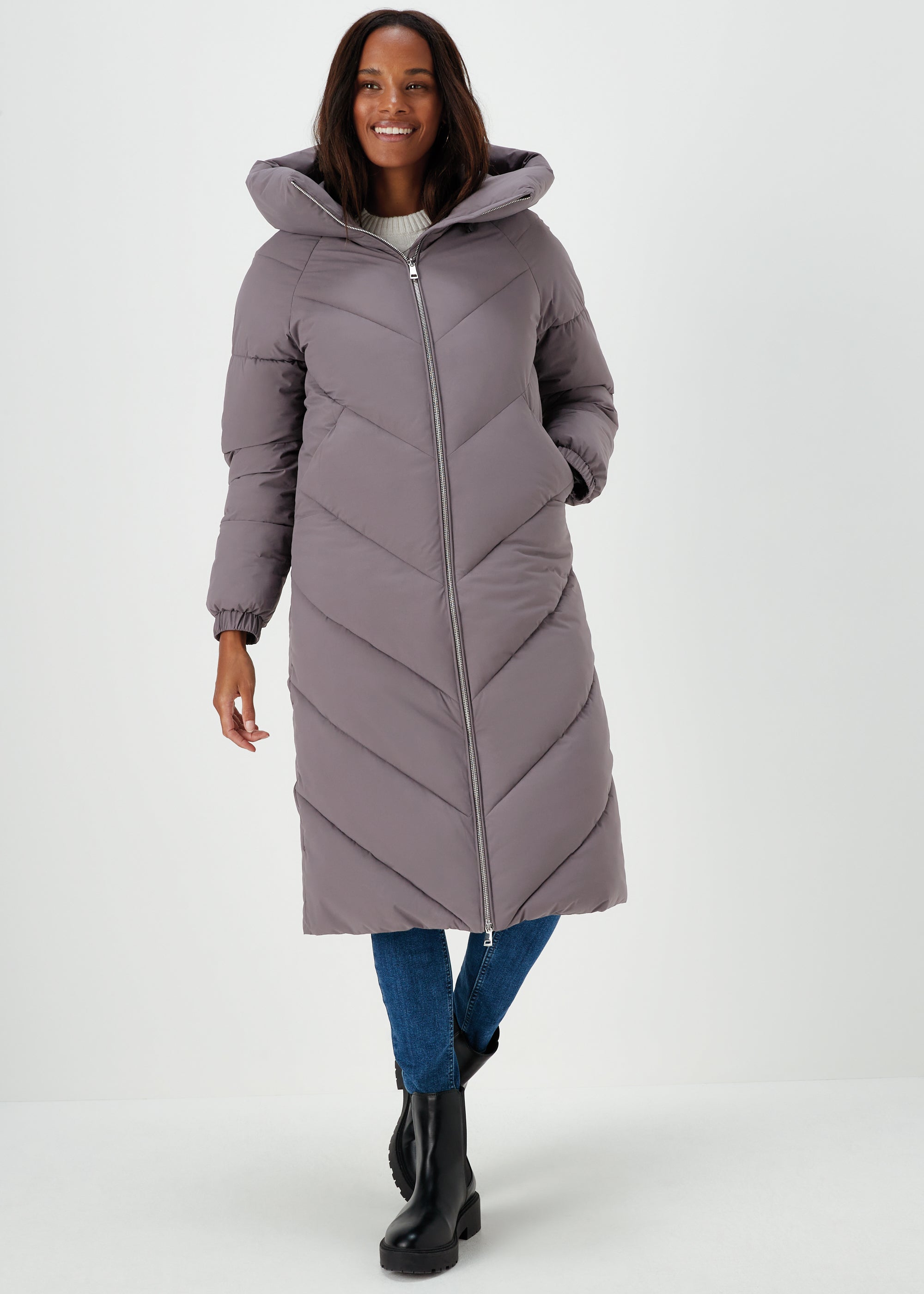 Grey Longline Chevron Padded Shower-Resistant Coat - Matalan