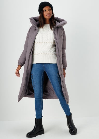 Grey Longline Chevron Padded Shower-Resistant Coat