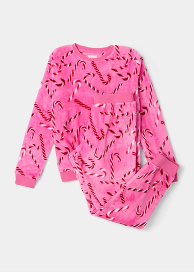 Pink Christmas Candy Cane Fleece Pyjama Set