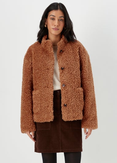 Brown Teddy Fleece Button Up Jacket