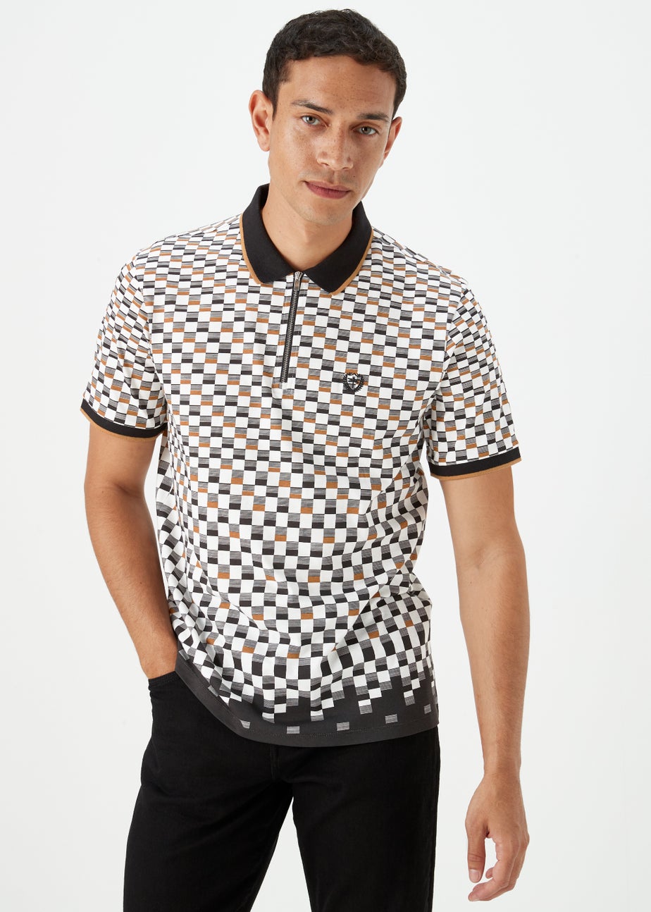 White Print Zip Up Polo Shirt