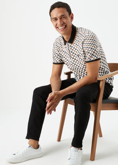 White Print Zip Up Polo Shirt