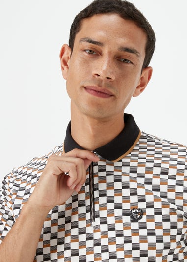 White Print Zip Up Polo Shirt