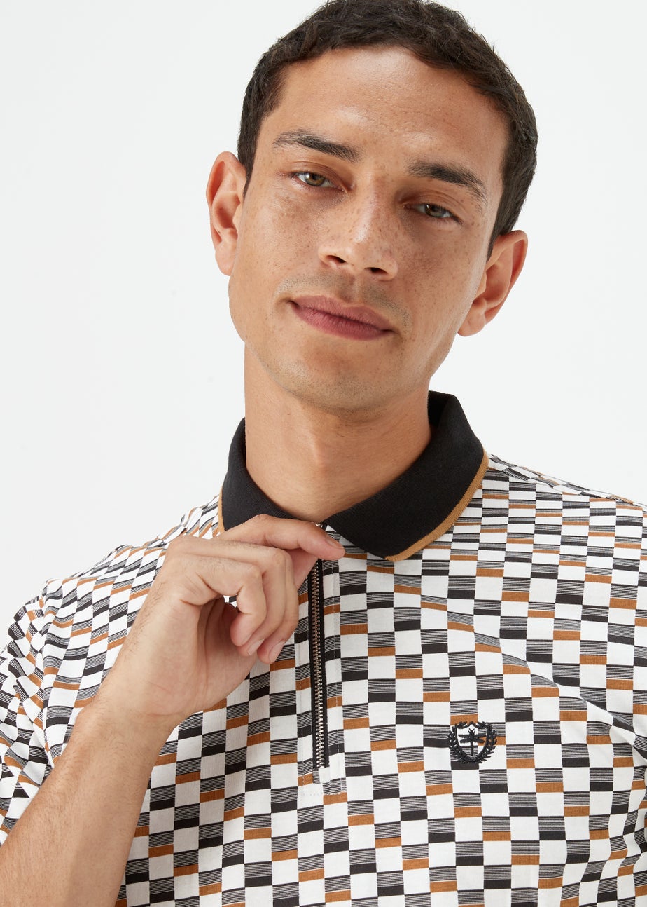 White Print Zip Up Polo Shirt