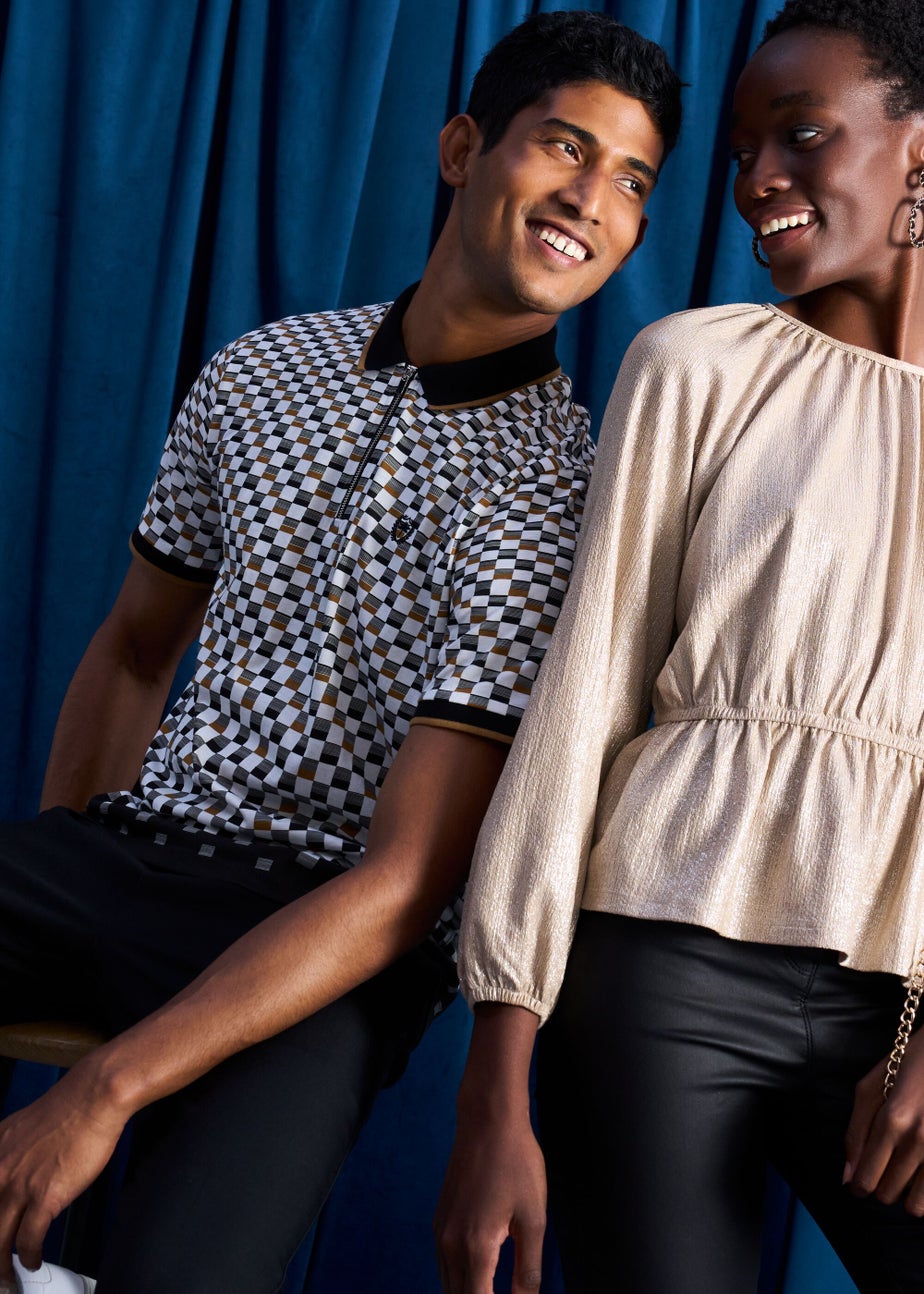 White Print Zip Up Polo Shirt