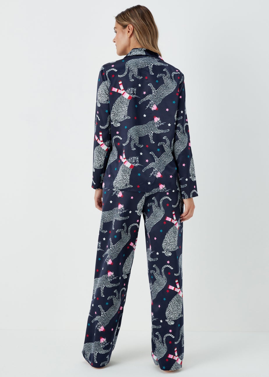 Navy Leopard Print Satin Pyjama Set
