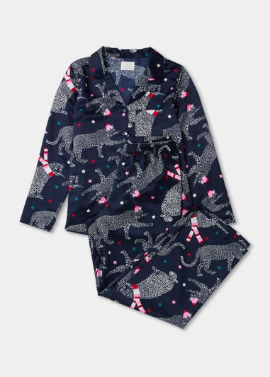 Navy Leopard Print Satin Pyjama Set