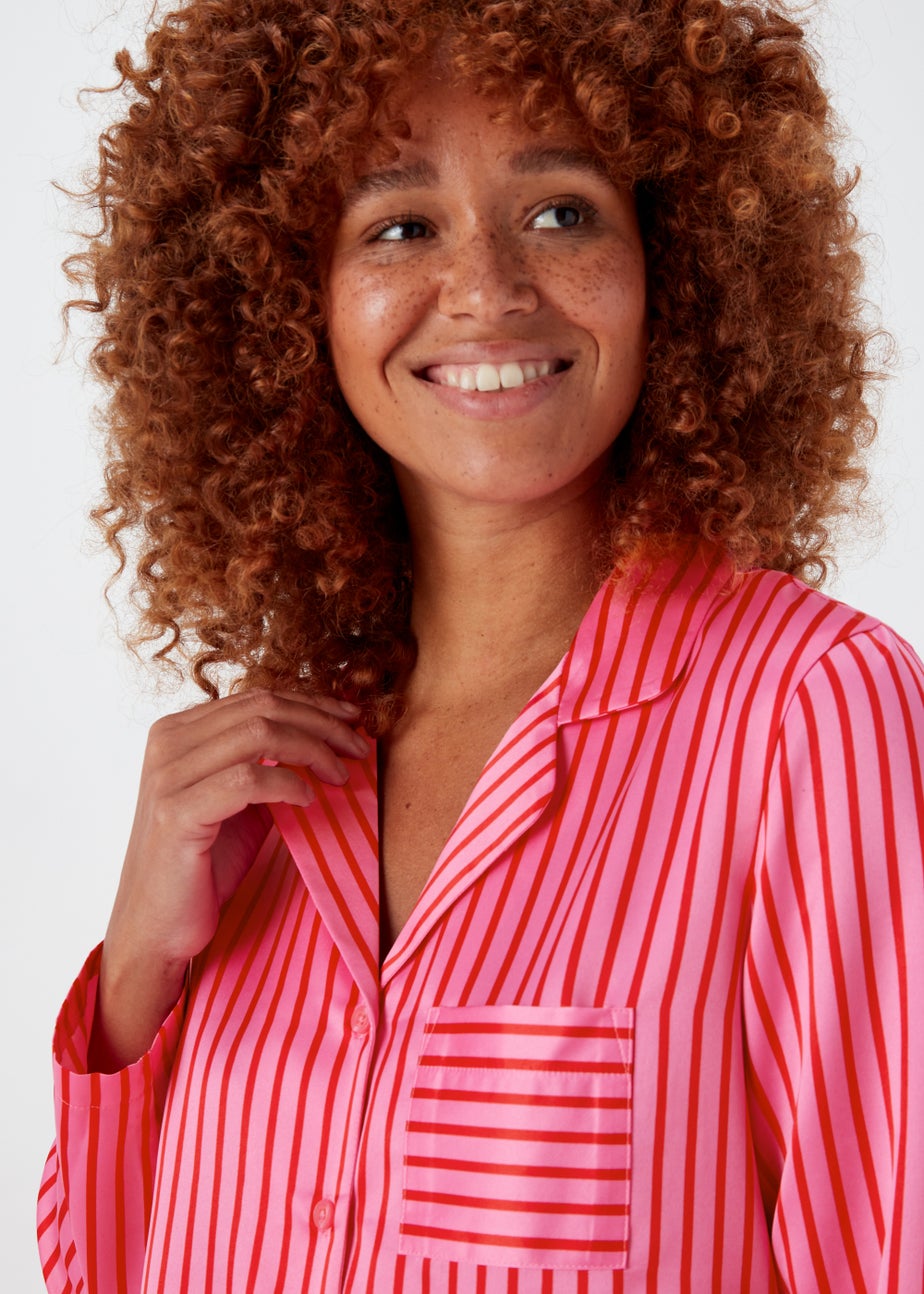 Pink Stripe Satin Button Up Pyjama Set