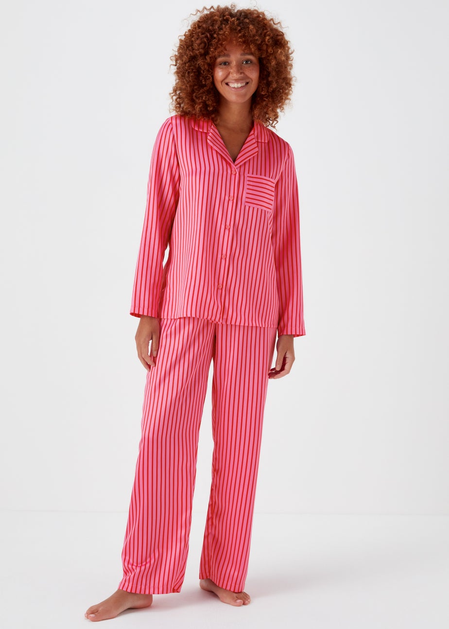 Pink Stripe Satin Button Up Pyjama Set