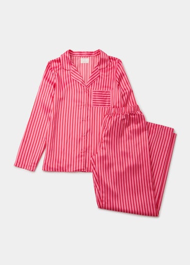 Pink Stripe Satin Button Up Pyjama Set