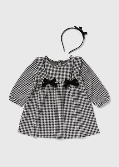 Girls Black Dogtooth Dress & Headband Set (9mths-6yrs)