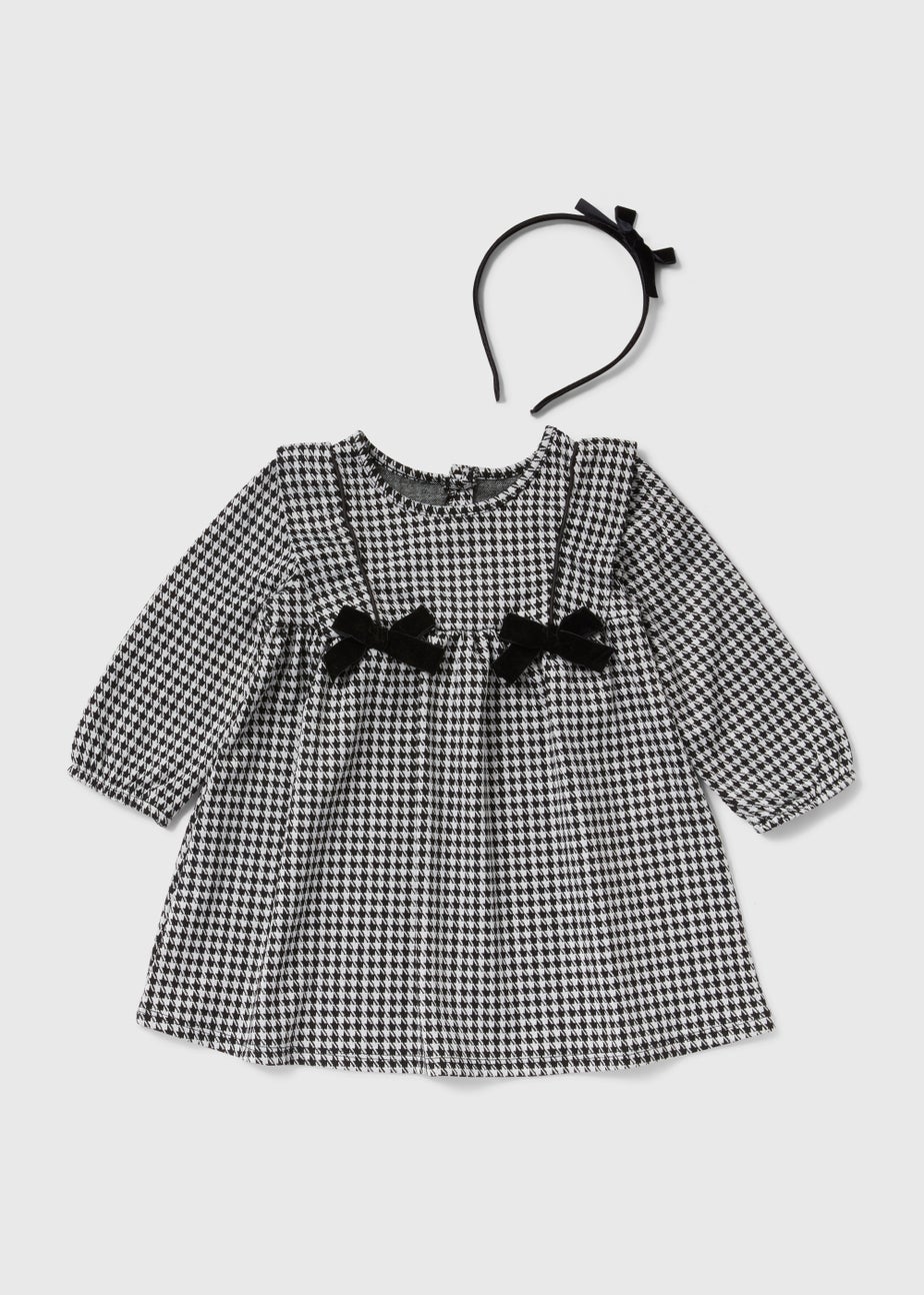 Girls Black Dogtooth Dress & Headband Set (9mths-6yrs)
