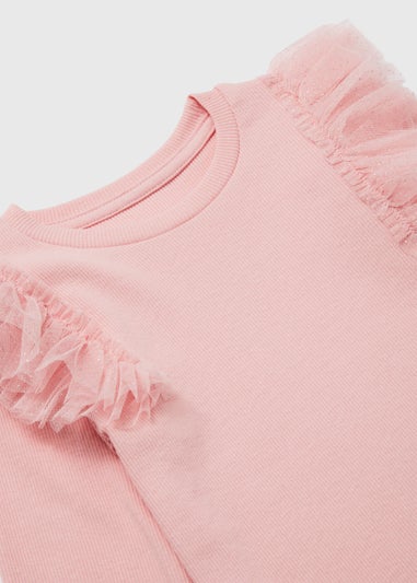 Girls Pink Shoulder Frill Ribbed Long Sleeve T-Shirt (9mths-6yrs)