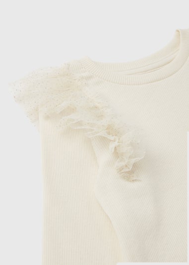 Girls Cream Shoulder Frill Ribbed Long Sleeve T-Shirt (9mths-6yrs)